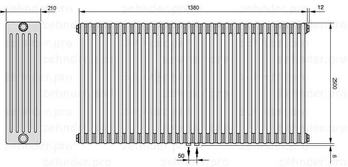 Схема (чертеж) Радиатор Zehnder Charleston 6250/30 №5410 Белый глянцевый RAL 9016